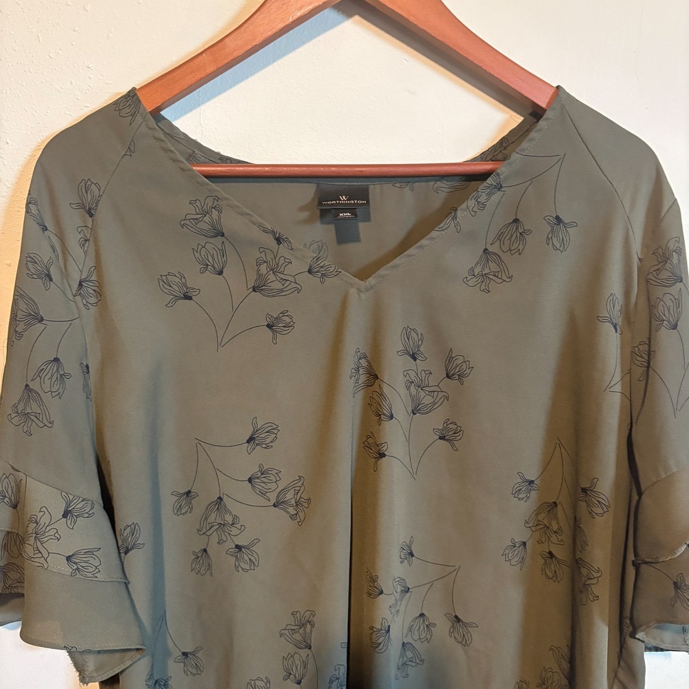 Worthington Olive Green Floral V-Neck Tiered Ruffle Sleeve Blouse Top Womens XXL - Picture 5 of 9